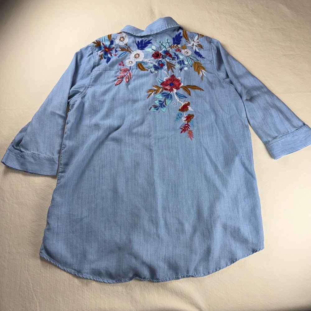 Soft Surroundings XL Blue Tencel Floral Embroidered Tunic Shirt Boho
